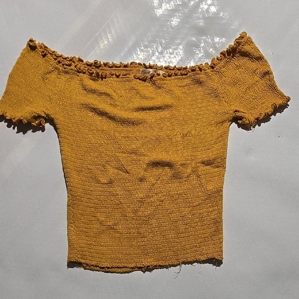Heart Hips Mustard Off-the-Shoulder Smocked Sweater